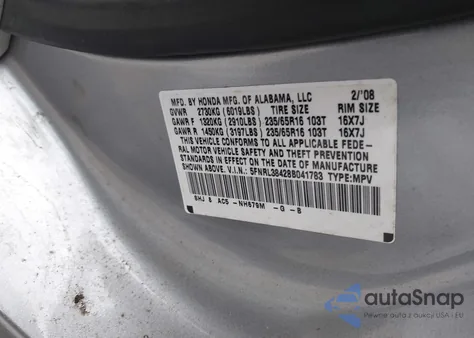 2008 Honda Odyssey Ex z USA, uszkodzony, nr VIN 5FNRL38428B041783